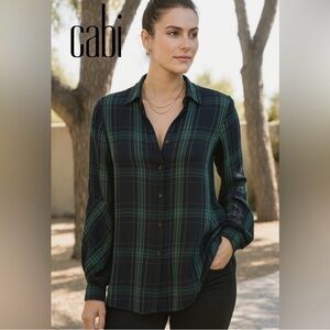 CAbi. Green Plaid Big Sur Long Sleeve Button Up V Collar, Balloon Sleeved Sz S